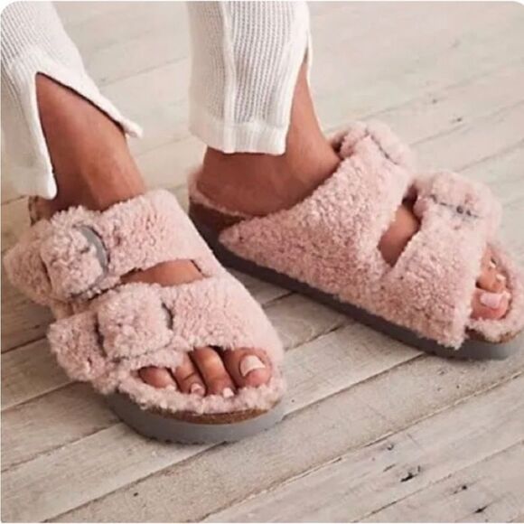 Birkenstock Shoes - Birkenstock Arizona Teddy Shearling Platform Sandals Pink Big Buckle 40EU